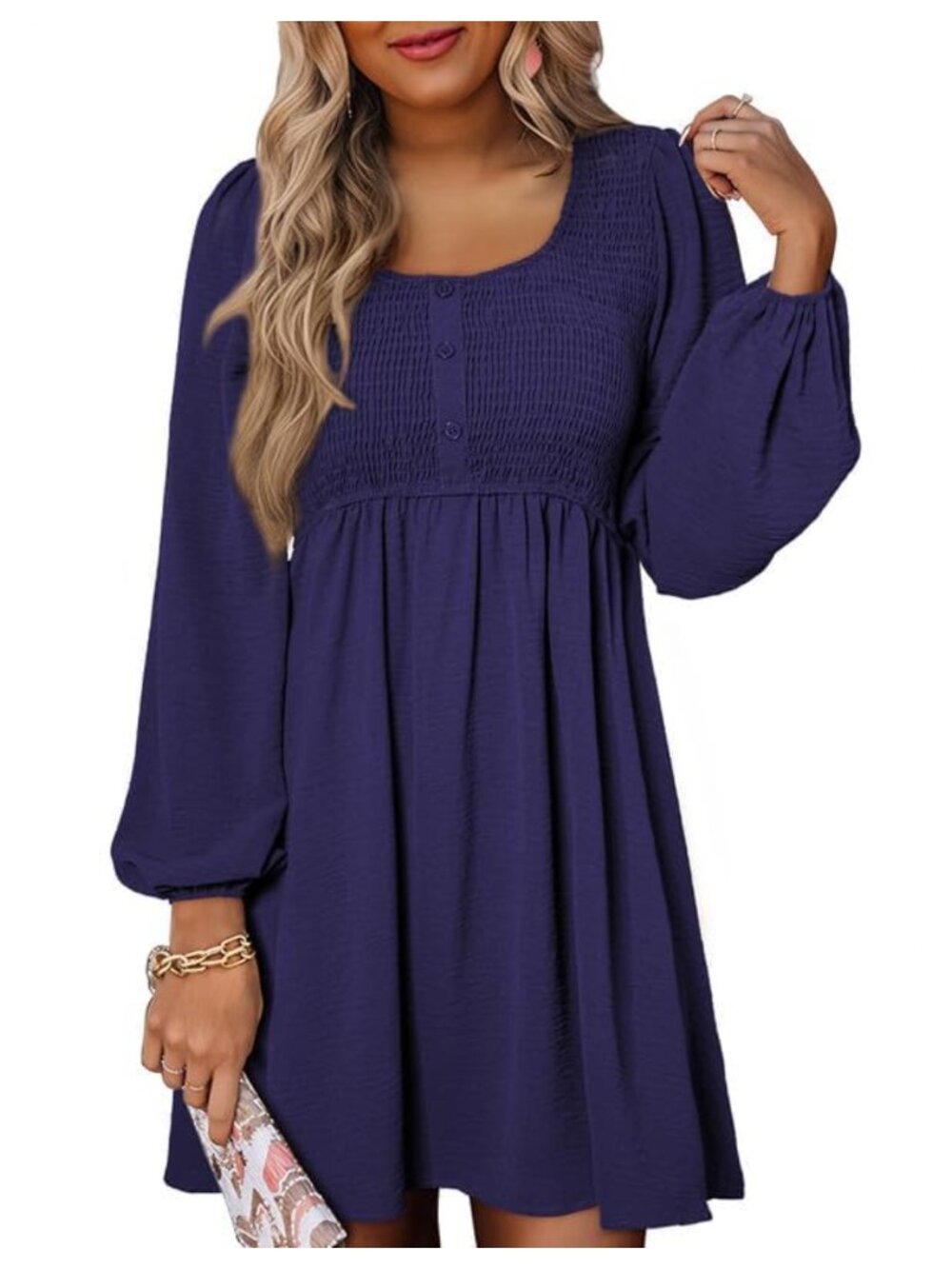 Womens Casual Smocked Crewneck Button Up Long Sleeve Empire Waist A-Line Mini